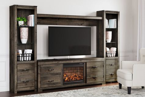 Trinell 4-Piece Entertainment Center with 72'' TV Stand and Electric Fireplace | Ashley Infrared Fireplace, Storage Fireplace, Fireplace Entertainment Center, Entertainment Wall, Electric Fireplace Insert, Fireplace Tv Stand, Entertainment Furniture, Fireplace Inserts, Reclaimed Barn Wood