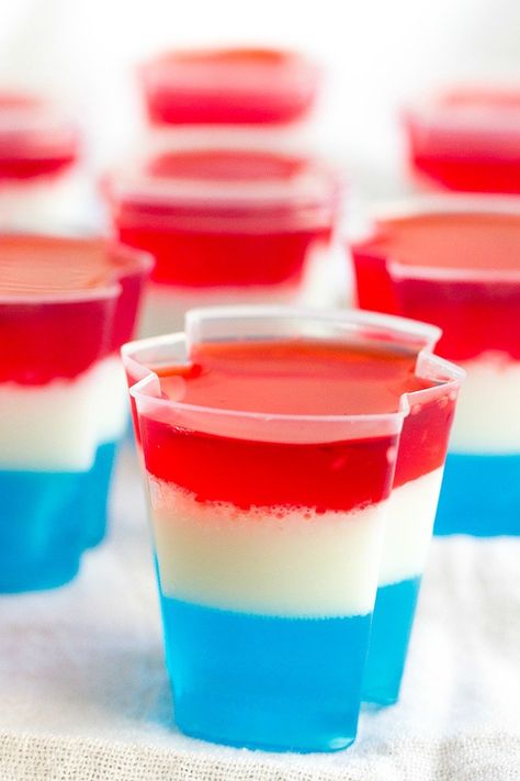 Holiday Jello Shots, Red White And Blue Jello, Blue Jello Shots, Fourth Of July Drinks, 4th July Food, White Russian Recipes, Blue Jello, Patriotic Food, Bio Fashion