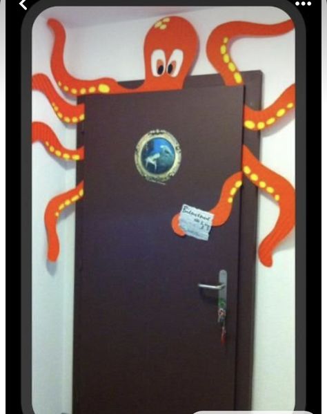 Octopus Door Decorations Classroom, Underwater Theme Classroom Decoration, Jellyfish Door Decoration, Finding Nemo Classroom Ideas, Octopus Door Decoration, Bathroom Door Decor Ideas, Underwater Door Decorations, How To Make An Octopus, Ocean Commotion Vbs Decorations