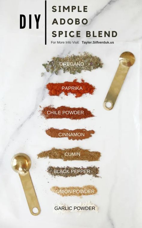 DIY Adobo Spice Blend - Tayler Silfverduk Diy Sauces, Gluten Free Spices, Dry Rubs, Spice Blends Recipes, Meat Rubs, Adobo Seasoning, Vegan Meat, Homemade Spice Blends, Diy Spices