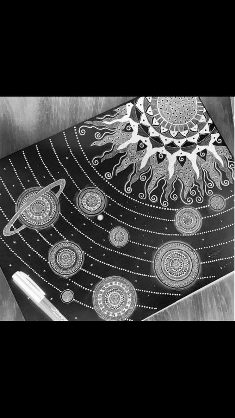 Solar system planets and sun zentangle Solar System Mandala, Space Zentangle, Sun Zentangle, Solar System Drawing, Solar System Painting, Systems Art, Mandala Wallpaper, Black Paper Drawing, Doodle Art Drawing