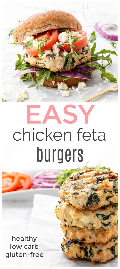 Chicken Burgers With Feta, Chicken Burger Recipe Healthy, Chicken Burgers Healthy, Healthy Ground Chicken, Feta Burgers, Perfect Burger Recipe, Spinach Feta Chicken, Chicken Patty Recipes, Spinach Burgers