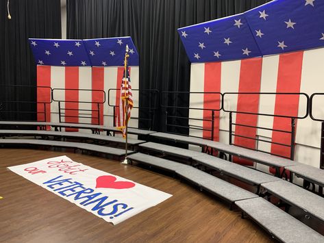 How to make choir shell for patriotic music program. Simple, easy, and quick Veterans Day Stage Decorations, Patriotic Stage Decorations, Patriotic Classroom, Music Stage, Stage Ideas, Music Curriculum, Stage Decor, Shell Decorations, Music Teachers