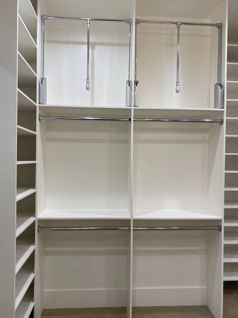 3 Tier Closet, Closet Peninsula, Long Narrow Master Closet, Master Closet Design Long Narrow, 4 Ft Wide Walk In Closet, Double Rod Closet Measurements, Closet Rod Height Double, Closet Rod Height, Long Narrow Closet