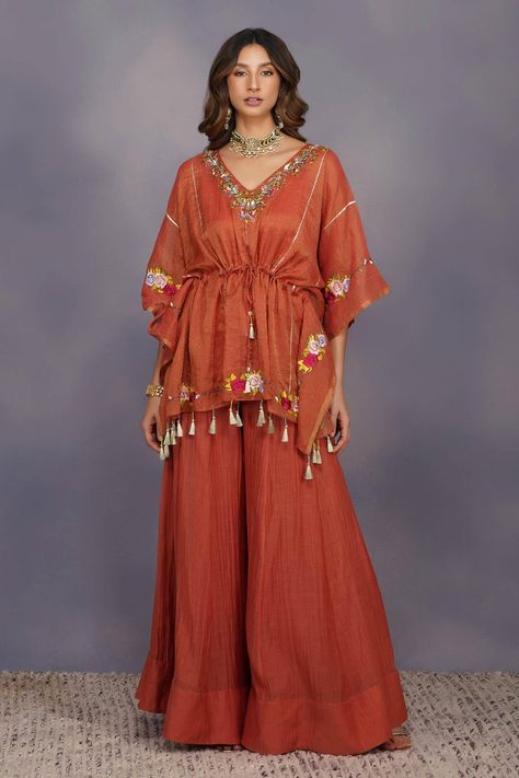 Buy Maroon Tissue Chanderi Embroidery V Neck Kaftan And Sharara For Women by Devyani Mehrotra Online at Aza Fashions. Toffee Rose, Sharara Pants, Floral Work, Rose Fabric, Cotton Slip, Smart Outfit, Sharara Set, Indian Fashion Designers, Pernia Pop Up Shop