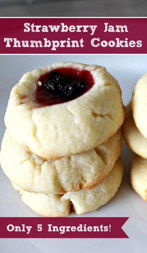 So good! These five ingredient strawberry jam thumb print cookies are one of our family's very favorite snacks. Strawberry Thumbprint Cookies, Cookies Thumbprint, Jam Thumbprint Cookies, Thumbprint Cookies Recipe, Thumb Print, Jam Cookies, Crinkle Cookies, Thumbprint Cookies, Fruit Jam