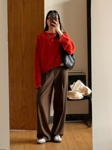 cationz on LTK Red Sweater Outfit, Look Formal, Uni Outfits, Outfit Invierno, Brown Pants, Red Sweater, Outfits Casuales, Daily Outfits, Classy Outfits