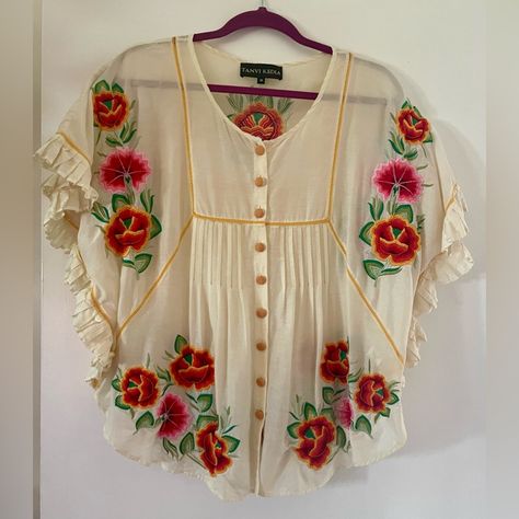 Beautiful Blouse With Amazing Detail. Slight Color Transfer Near Some Of The Buttons As Shown In The Pics. It Is Almost Imperceptible, But Wanted To Point It Out. Worn Once. Folklorico Dresses, Poncho Blouse, Anthropologie Top, Beautiful Blouses, Anthropologie, Cream, Orange, Women Shopping, Dresses