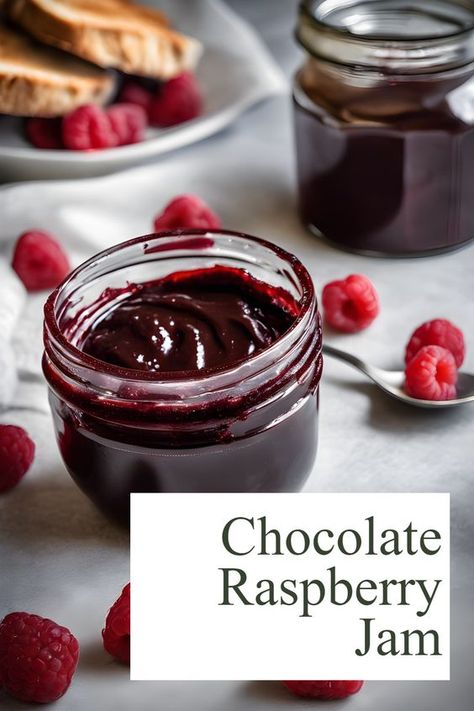 Indulge in the perfect blend of rich chocolate and tangy raspberries with this Chocolate Raspberry Jam. Our easy-to-follow Raspberry Jam Recipe takes a delightful twist, creating a Chocolate Jam that’s perfect for spreading on toast or topping your favorite desserts. Canning Jam Recipes | Christmas Jam | Easy Canning | Easy Recipes Vegan | Jam Recipes Homemade | Pectin Recipes | Preserve Recipes | Raspberry Canning recipes | Raspberry Sauce Recipe Chocolate Jam Recipes, Raspberry Jam Recipe Canning, Homemade Pectin, Canning Easy, Chocolate Raspberry Jam, Preserve Recipes, Vegan Jam, Sweet Spreads, Raspberry Freezer Jam