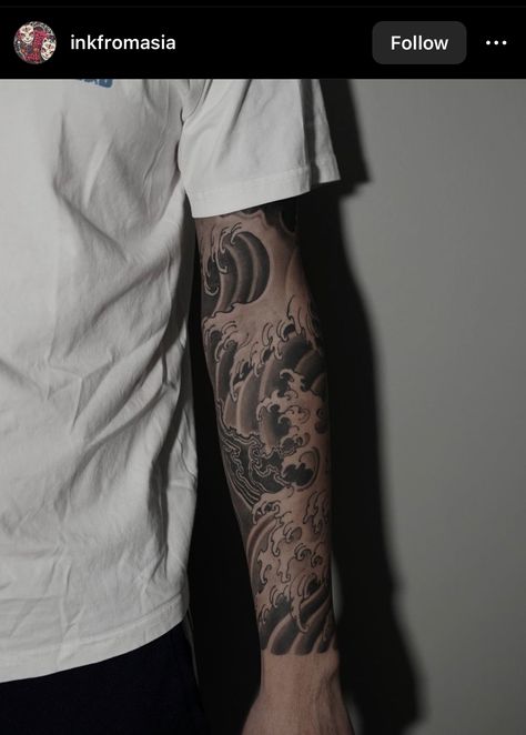 Wave sleeve Japanese Waves Tattoo Sleeve, Waves Forearm Tattoo, Waves Arm Tattoo, Mens Japanese Sleeve Tattoos, Japanese Wave Tattoo Sleeve, Forearm Wave Tattoo, Japanese Waves Tattoo Design, Waves Sleeve Tattoo, Traditional Japanese Wave Tattoo