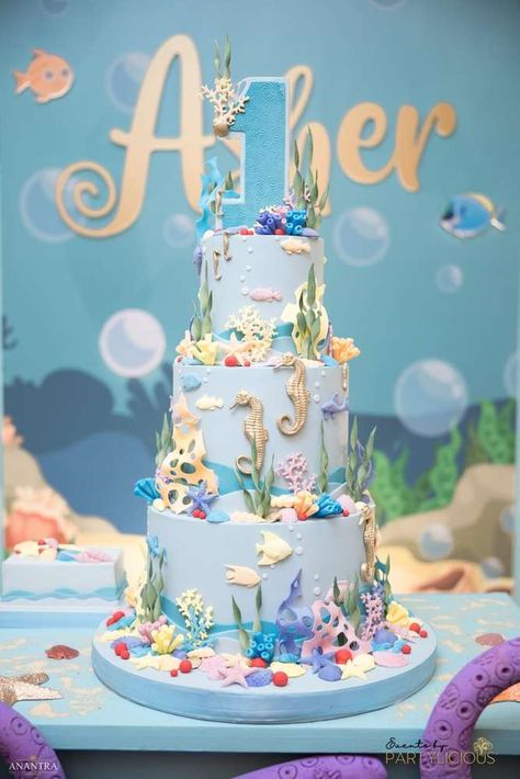 Under the sea theme 1st Birthday | CatchMyParty.com Aquarium Theme 1st Birthday Party, Birthday Cake Under The Sea, Under The Sea First Birthday Party, Under The Sea Cake Boy, Under The Sea Birthday Party Boy, Underwater Birthday Theme, Oneder The Sea 1st Birthday Boy, Under The Sea Cake Ideas, Under The Sea Theme Cake