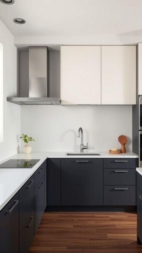 22 Sleek Two-Tone Kitchen Cabinet Ideas for Urban Sophistication Kitchen Cabinets Dark Grey, 2 Tone Kitchen Cabinets, 2 Tone Kitchen, Kitchen Cabinets Dark, White Upper Cabinets, Two Tone Kitchen Cabinets, Two Tone Cabinets, Cabinet Designs, Two Tone Kitchen