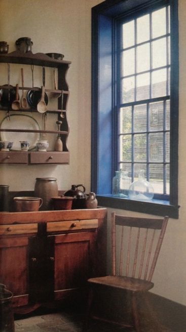 FARMHOUSE – INTERIOR – note how the doors, windows, and trim were painted in the colonial era, while the walls remained a plaster color. It seems reverse in modern times. Colonial Windows, Painted Window Frames, Farmhouse Colonial, Primitive Interiors, Primitive Homes, Colonial Decor, House Window, Retro Interior, Primitive Decorating Country