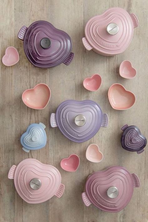 Le Creuset Heart, Pastel Kitchen, Pink Kitchen, Cute Kitchen, Le Creuset, Dream House Decor, Kitchen Stuff, Kitchen Items, Pink And Purple