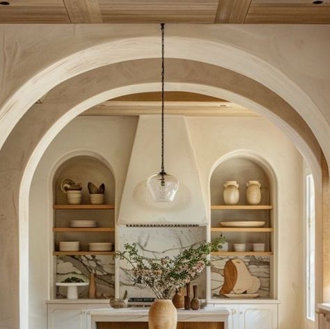 Home Design Studio & Shoppe | Cottage & Key on Instagram: "We love reimagining kitchen spaces and adding in a few arches never hurts. 😉 Which kitchen do you prefer? 

AI Design // @cottageandkey 

#liveinspired #dreaminteriors #smmakelifebeautiful #kitcheninspiration #kitchenremodel #kitchendesign #designbuild #cottagestyle #kitchen" Arch Between Kitchen And Living Room, Archway Into Kitchen, Arch In Kitchen, Archway Kitchen, Home Design Studio, Wall Molding, In Kitchen, Kitchen Space, Kitchen Style