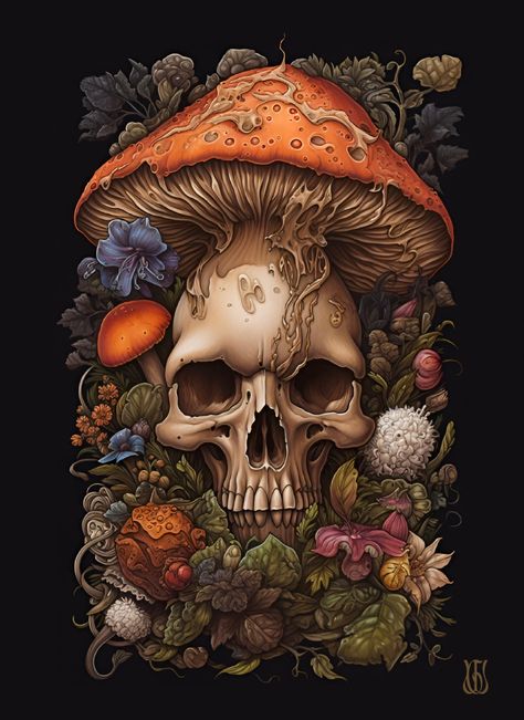 An illustration of a mushroom, the stem of the mushroom is morphing into a skull, surrounded by various wildflowers and other mushrooms and botanicals, dark background, muted autumn colour palette Trippy Nature, Mushroom Skull, Fungi Art, Mushroom Poster, Skull Png, Grayscale Coloring Books, Gems Art, Grayscale Coloring, Art Kits