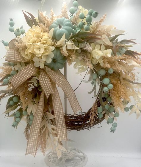 Neutral Fall Wreaths, Pumpkin Fall Wreath, Cream Hydrangea, Fall Greenery, Farmhouse Fall Wreath, April Crafts, Teal Pumpkin, Farmhouse Paint Colors, Black And White Ribbon