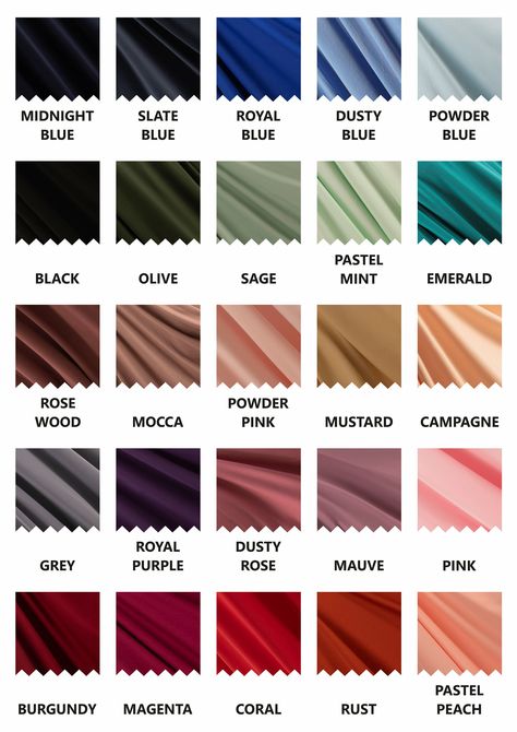 ✨ Infinity Bridesmaid Dress Swatches.  NO RETURNS/EXCHANGES Bridesmaid Dresses Fabric Types, Shades Of Colors Colour Palettes, Bridesmaid Dress Colors 2024, Bridesmaid Dress Colours, Fabric Color Palette, Bridesmaid Color Palette, Infinity Bridesmaid Dress, Colour Shade Card, Color Names Chart