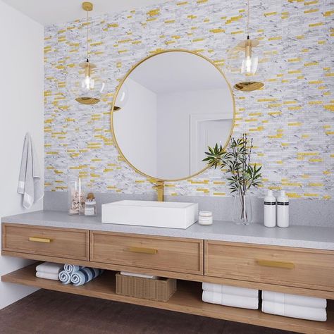 Bathrooms of Instagram on Instagram: "Go for Gold! @thetileclub @thetileclub White And Gold Stack Peel And Stick Tile 💛 #peelandsticktiles #sticktiles #peelandstick #bathroomvanity #bathroommirror #vanitymirror #bathroomsink #halfbath #powderroom #powderroomdesign #powderrooms #mirror #bathroomstorage #bathroomlighting #bathroomlights #tile #tiles #tiledesign #tileshower #showertile #tilefloor #tileinstallation #tileinstaller #tileinspo #bathroominspo #bathroomtiles #showerdesign" Tiled Staircase, Herringbone Mosaic Tile, Vanity Backsplash, Tile For Kitchen, Fireplace Tile Surround, Peel And Stick Backsplash, Stick Backsplash, Powder Room Design, Peel N Stick Backsplash