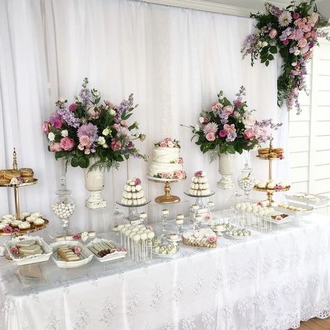 Elegant Wedding Dessert Table Ideas, Pink And Purple Dessert Table, White Gold Dessert Table, White And Gold Dessert Table, Purple Dessert Table, Desert Cart, Floral Dessert Table, Purple Dessert Tables, Gold Dessert Table