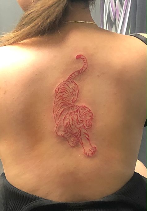 Red Ink Tiger Tattoo, Red Tiger Tattoo, Tiger Back Tattoo, Stussy Wallpaper, Red Tattoo Ideas, Lioness Tattoo, Serpent Tattoo, Tiger Tattoo Design, Red Tattoo