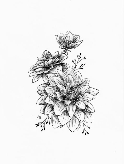 Dahlia flower drawing/tattoo - fine liner. Please contact me before using Flower Cluster Tattoo, Dahlia Flower Drawing, Flower Drawing Tattoo, Dahlia Flower Tattoos, Tattoo Chart, Dahlia Tattoo, Flor Tattoo, Floral Mandala Tattoo, Flower Tattoo Meanings