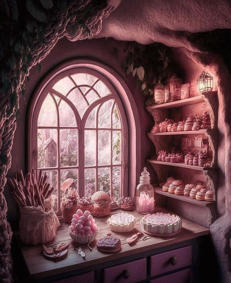 Pink Fairy Tale Aesthetic, Magical Bakery Aesthetic, Fairytale Bakery Aesthetic, Dreamy Fairytale Aesthetic, Fantasy Bakery Aesthetic, Elven Sorceress, Bakery Drawing, Fantasy Bakery, Fantasy Kitchen