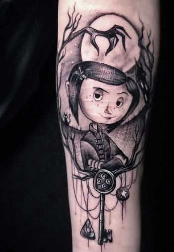 Moon Night Coraline Tattoos Coraline Tattoo Black And White, Caroline Tattoo Tim Burton, Coraline Sleeve Tattoo, Tattoo Tim Burton, Coraline Flash Tattoo, Coraline Flash, Coraline Tattoo Ideas, Flash Tattoo Ideas, Corpse Bride Tattoo