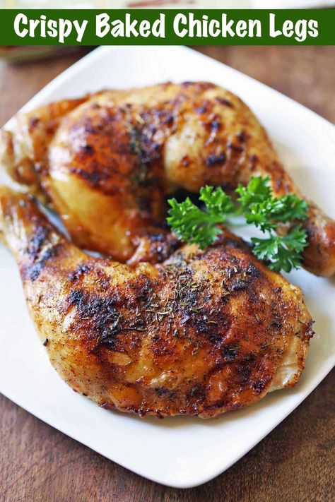 Cooked in a hot oven, these chicken leg quarters emerge with perfectly browned skin and juicy meat. Chicken Legs In Oven, Crispy Baked Chicken Legs, Chicken Quarter Recipes, Chicken Leg Quarter Recipes, Oven Baked Chicken Legs, Whole Baked Chicken, Foodgawker Recipes, Crispy Oven Baked Chicken, Chicken Leg Recipes