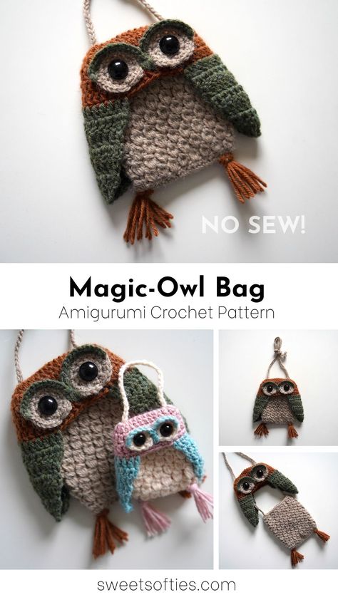 Sweet Softies: Magic-Owl Bag · Crochet Pattern Owl Bag Crochet, Animal Bag Pattern, Crocheted Owls, Cozy Hobbies, Crochet Pets, Start Crocheting, Owl Crochet, Double Crochet Decrease, Crochet Owls