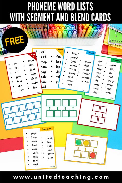 Build phonemic awareness with these Free Phoneme Word Lists and Blending and Segmenting task cards. The color coded word lists are divided into words with 2, 3, 4, and 5 phonemes and come with corresponding blending and segmenting color coded task cards. Incorporate this Science of Reading aligned resource into your daily phonics lessons to help strengthen students’ ability to decode unfamiliar words and improve reading fluency. Word Mapping, Fun Phonics Activities, Task Cards Free, Phonics Posters, Word Map, Phonics Free, The Science Of Reading, Free Preschool Printables, Science Of Reading