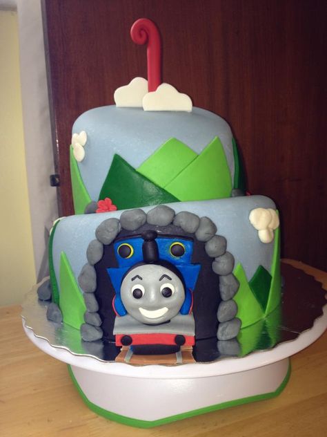 Thomas the train cake, the other side, top tier, had Percy coming out of a tunnel! Thomas The Train Cake, Thomas Train Cake, Train Cake, Thomas The Train, Piece Of Cakes, The Train, Cakes And More, Kids Cake, Top Tier