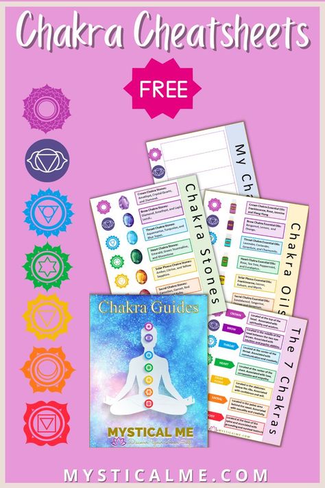 Free Printable  Chakra Cheatsheets - Bright pink background with images of printable pages. Available for FREE download on MysticalMe.Com Chakra Essential Oils, Chakra Names, About Chakras, Chakra Guide, Chakra Chart, The Seven Chakras, Chakra Colors, Seven Chakras, Rose Essential Oil