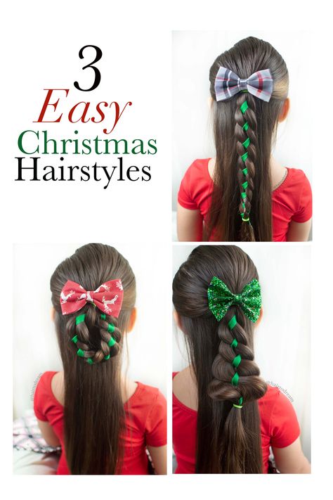 Easy Hairstyles for Christmas- 1 braid, 3 styles!! Follow Along @hairtodream ... Toddler Hairstyles. Christmas Hairstyles. Festive Hair. Ribbon Braid. 4 strand braid. Christmas tree hair. Christmas wreath hair. Bows. Handmade Bows. Toddler bows. Easy Hairstyles for kids. Holiday Hairstyles. Hair tutorial. Christmas Hair For Kids, Creative Christmas Hairstyles, Christmas Hairdos For Kids, Toddler Christmas Hair, Christmas Hair Styles For Kids Simple, Christmas Hair Toddler Girl, Toddler Christmas Hairstyles Girl, Girls Christmas Hairstyles, Christmas Hair Styles For Kids