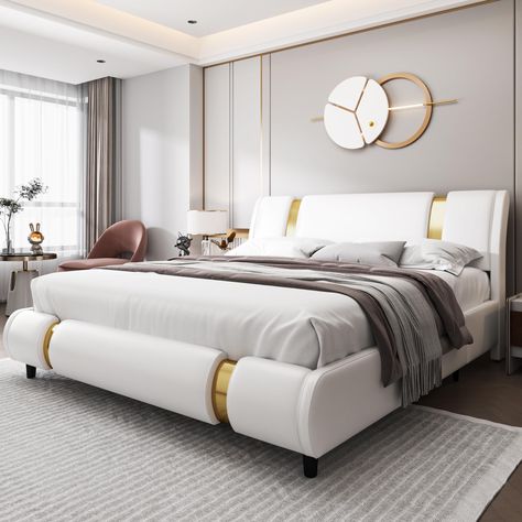 Modern Style Bed, Modern Upholstered Beds, Led Beds, Led Bed Frame, Modern Bed Frame, Full Size Bed Frame, Curved Headboard, Leather Headboard, Upholstered Bed Frame