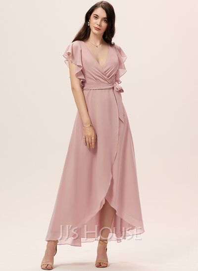 A-Line V-neck Asymmetrical Chiffon Cocktail Dress With Ruffle (016237010) - JJ's House Princess Bridesmaid Dress, Cocktail Dresses Online, V Neck Cocktail Dress, A Line Cocktail Dress, Chiffon Cocktail Dress, Sleeveless Bridesmaid Dresses, Ruffle Fabric, Dresses Chiffon, Bridesmaid Dresses Online