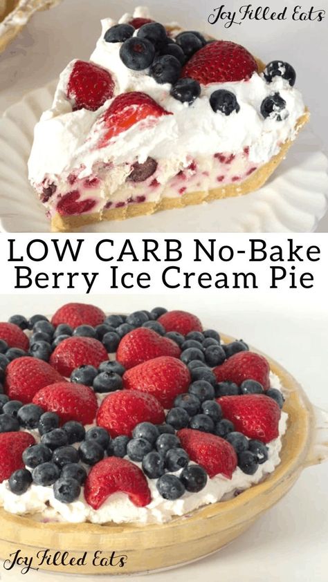 Low Carb Berry Ice Cream Pie - Sugar-Free, Grain-Free, Gluten-Free, Keto Friendly. No ice cream machine option! Here is your new no bake dessert! Great for 4th of July, Memorial Day, Labor Day, or any other day of the year. #lowcarb #lowcarbrecipes #lowcarbdiet #keto #ketorecipes #ketodiet #thm #trimhealthymama #glutenfree #grainfree #glutenfreerecipes #recipes #desserts #dessertrecipes #ketodessert #lowcarbdessert #redwhiteandblue #4thofjuly #laborday #memorialday #icecream #american #nobake Easy Cream Pie, Berry Ice Cream, Ice Cream Pie, Cream Ice Cream, Thm Desserts, Keto Ice Cream, Ice Cream Pies, Low Carb Sweets, Bake Dessert