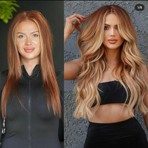 Blonde Vs Copper Hair, Copper Ginger Hair With Blonde Money Piece, Money Piece Balayage Red Hair, Copper And Blonde Curly Hair, Auburn Blonde Hair Color, Strawberry Blonde Hair Money Piece, Blonde Vs Red Hair, Dark Copper Red Hair Color Tan Skin, Auburn Extensions