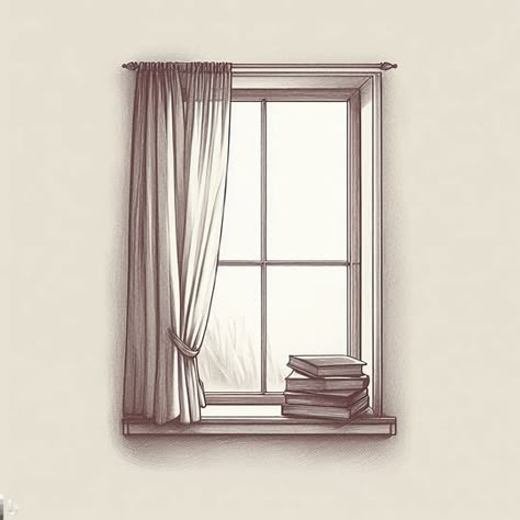 drawing of a single hung window with a stack of books on the sill and a curtain blowing out, minimalist - Image Creator from Microsoft Bing Windows Drawing Sketch, How To Draw A Window, Window With Curtains Drawing, Window Drawing Reference, Window Sill Drawing, Window Illustration Drawing, Windowsill Drawing, Curtains Drawing, Single Hung Window