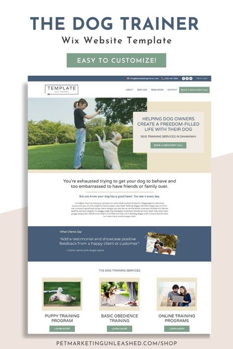 Need a website refresh for your pet business? Check out our fully customizable website templates for dog trainers! The dog trainer wix website template is modern, has a fun and easy to customize website design and layout, and comes with a course and onboarding strategy to help you set up your dog trainer website with ease. Check out this template and other pet business website templates by Pet Marketing Unleashed on our website. Dog Training Website Design, Dog Trainer Website Design, Pet Marketing, Business Moodboard, Dog Sitting Business, Dog Website, Website Aesthetic, Get Instagram Followers, Training Business