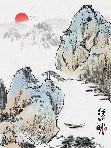 original landscape chinese style traditional chinese painting freehand ink qingming artistic conce Chinese Painting Traditional, Chinese Traditional Art, Yuki Onna, Chinese Illustration, Traditional Chinese Art, Note Writing Paper, Chinese Landscape Painting, Japanese Watercolor, Chinese Landscape