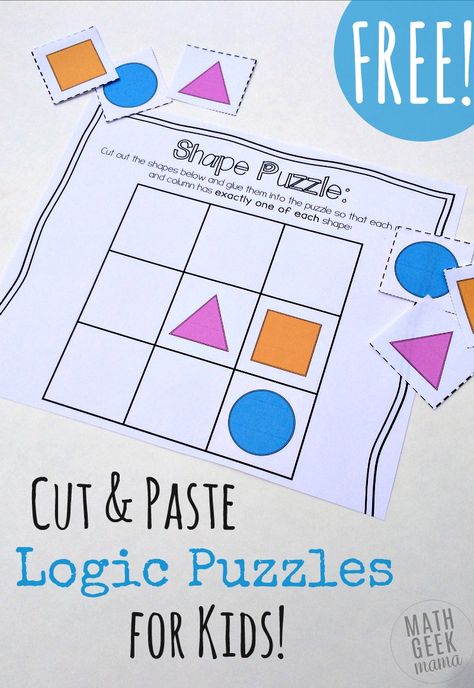 These fun, cut and paste logic puzzles are the perfect way to help your preschooler work on their logical reasoning skills! Plus, use them as an opportunity to discuss shapes, and work on fine motor skills! Puzzles For Preschoolers, Math Logic Puzzles, Free Math Resources, Math Geek, Reasoning Skills, Math Methods, Math Activities Preschool, Logic Puzzles, Maths Puzzles