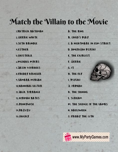 Free Printable Match the Villain to the Movie Halloween Game in 2022 | Halloween printables free, Halloween games, Villain Horror Movie Games, Halloween Word Games, Horror Movie Trivia, Free Halloween Games, Adult Halloween Party Games, Halloween Villains, Holiday Trivia, Teen Halloween Party, Halloween Trivia