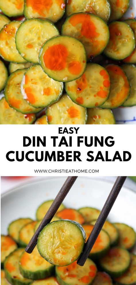 Din Tai Fung Cucumber Salad. Crisp cucumbers in a delicious tangy, salty, sweet, delicious dressing with a hint of spice. So easy to make at home! Taiwanese Cucumber Salad, Din Tai Fung Cucumber Salad, Soy Cucumbers, Din Tai Fung Spicy Noodles Recipe, Din Tai Fung Cucumber Recipe, Side Veggies, Crunchy Toppings, Gluten Free Brands, Asian Cucumber Salad