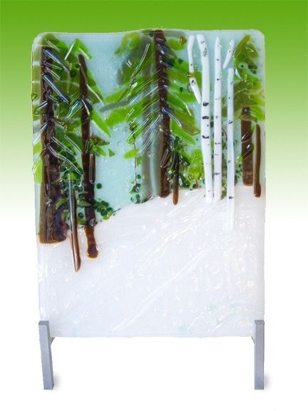 Fused Glass Birch Trees, Fused Glass Winter Birch Trees, Fused Glass Pine Trees, Fused Glass Scenes, Fused Glass Mountains, Frit Painting, Winter Wonderland Theme, Kiln Formed Glass, Glass Fusion Ideas