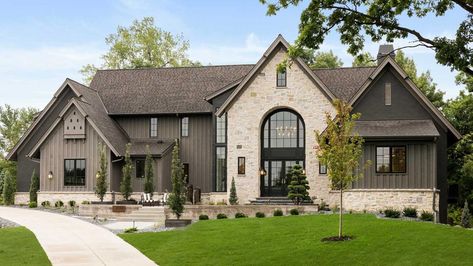 Modern Luxury Dream Home Landscape Design | Southview Design Sw Thunder Gray Exterior, Modern Rustic Exterior, Rustic House Exterior, Edina Minnesota, Wood Siding Exterior, Stone Exterior, Casa Exterior, Farmhouse Exterior, Dream House Exterior