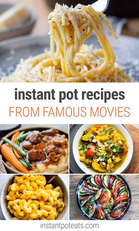 Great Recipes From Famous Movies In Your Instant Pot including Ratatouille, Cacio e Pepe, Sixteen Candles Birthday Cake and more. | #ratatouille #joyluckclub #chocolat #tortillasoup #landyandthetramp #spaghetti #16candlesmovie #100footjourney #burntmovie #dinnerandamovie #oysterstew #veggiecurry #juliachild #julieandjulia Movie Recipes Food, Recipes From Ratatouille Movie, Food From Movies Recipes, Food In Movies, Recipes From Movies, Food From Movies, Ratatouille Food, Iconic Recipes, Movie Inspired Recipes