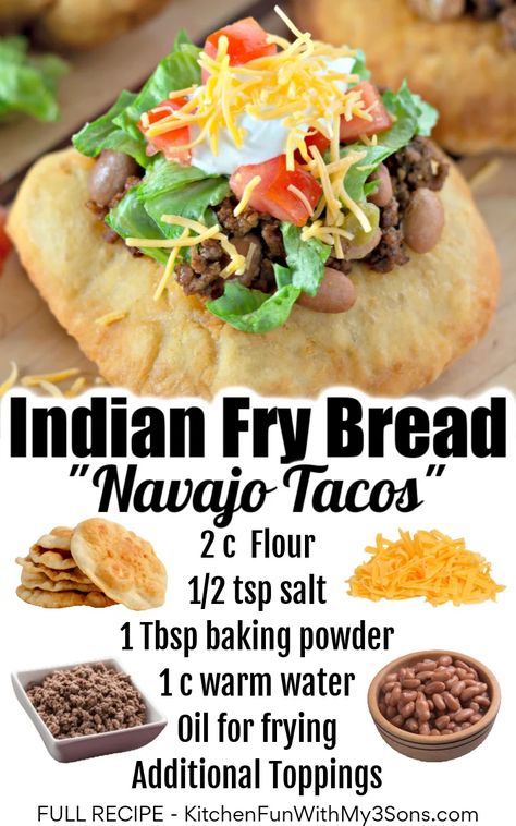 Indian Fry Bread Recipe Easy, Indian Taco Recipes, Easy Fry Bread Recipe, Indian Fried Bread Recipe, Native American Fry Bread, Fry Bread Tacos, Bread Naan, Indian Fry Bread, Navajo Tacos