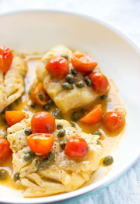 Seared Cod With Tomato-Caper Sauce Healthy Seafood Dinners, Seared Cod, Creamy Salmon Pasta, Seafood Soup Recipes, Lavender Macarons, Sea Food Salad Recipes, Caper Sauce, Seafood Pasta Recipes, Seafood Entrees