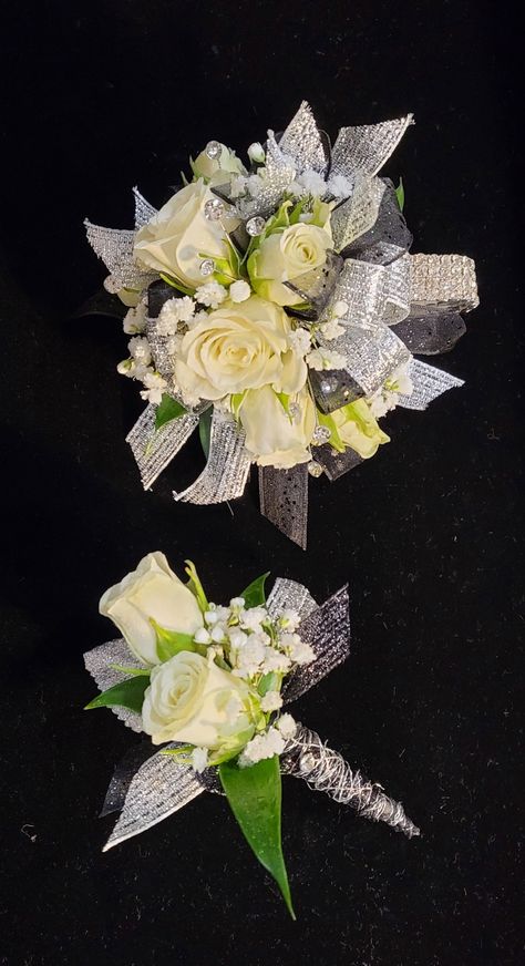 Black And Silver Prom Bouquet, White And Black Corsage, Corsage Prom Black And Silver, Black White And Silver Corsage, White Flower Black Ribbon Corsage, Prom Corsages, Corsage Prom, Grandmas House, Black And Silver